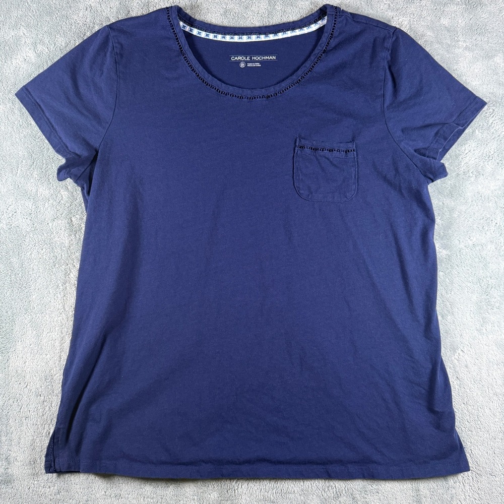 Carole Hochman Navy Blue‎ 100% Cotton Short Sleeve Sleep Shirt Pocket Top XL